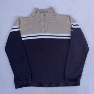 Liz Claiborne Beige Navy Cotton Knit Quarter Zip Mock Turtleneck Sweater Size XL